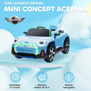 Coche Eléctrico para Niños de +3 Años, MINI Concept Aceman, Coche de Batería 12V, con Bluetooth, Mando a Distancia 2,4 G, Motor Doble, Suspensión Trasera, Faros, Música, USB, Azul