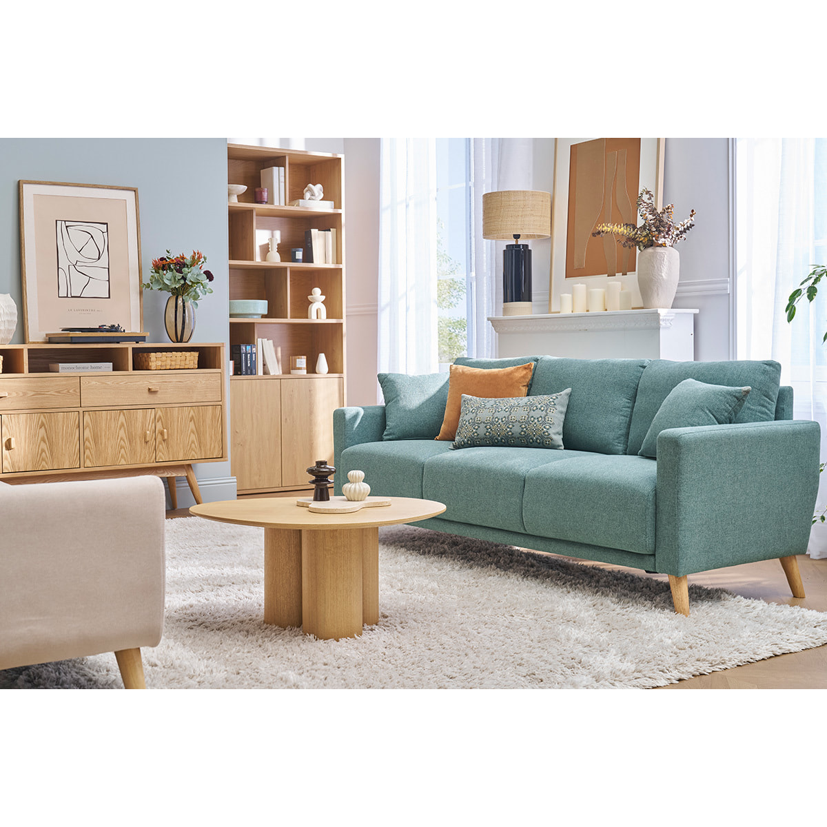 Canapé 3 places en tissu chenille vert kaki et bois clair MUNIK