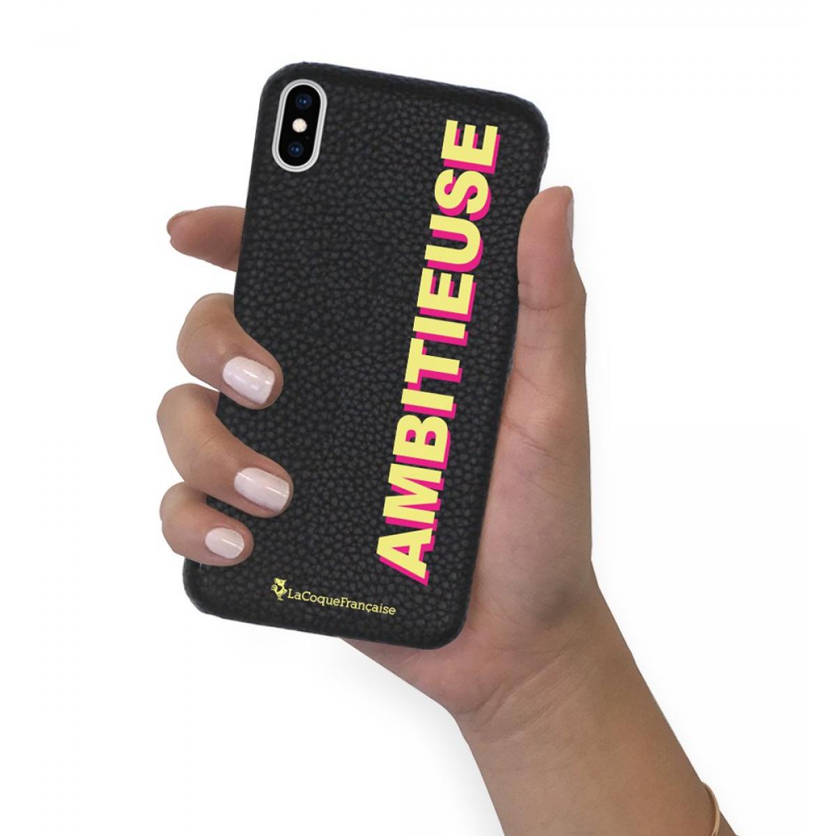 Coque iPhone X/XS effet cuir grainé noir Ambitieuse jaune et fushia Design La Coque Francaise