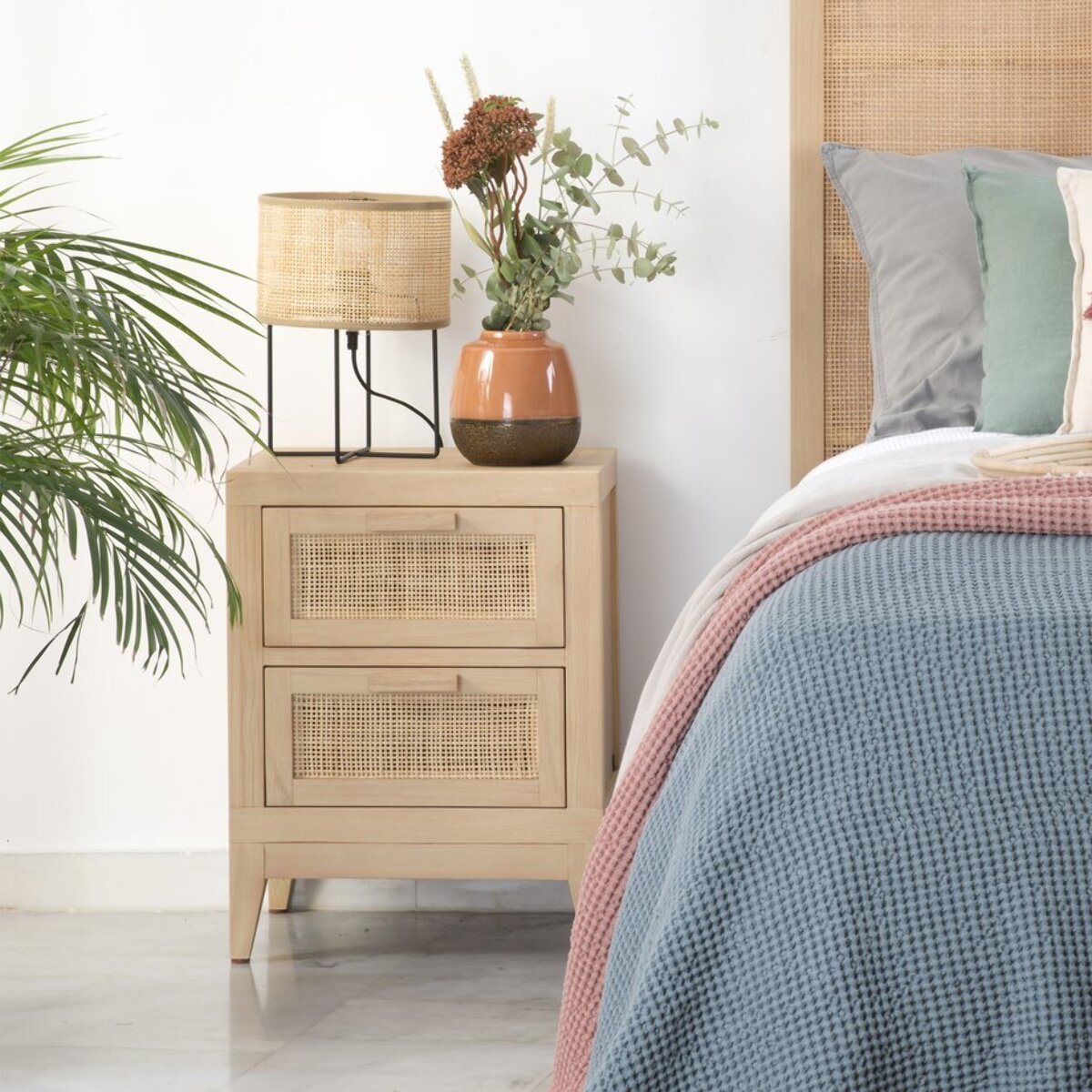 Table de chevet Pandora -bois massif d'acacia, panneau mdf et placage naturel-couleur naturel 42 x 55 x 35 cm