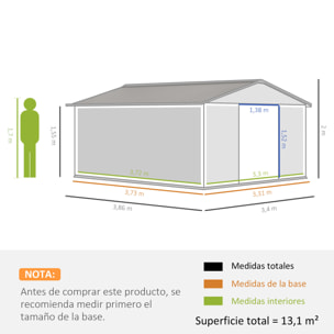 Cobertizo de Jardín 340x386x200 cm 13,1 m² Caseta Exterior de Acero para Almacenamiento de Herramientas con Puertas Correderas y Ventilaciones Gris Claro