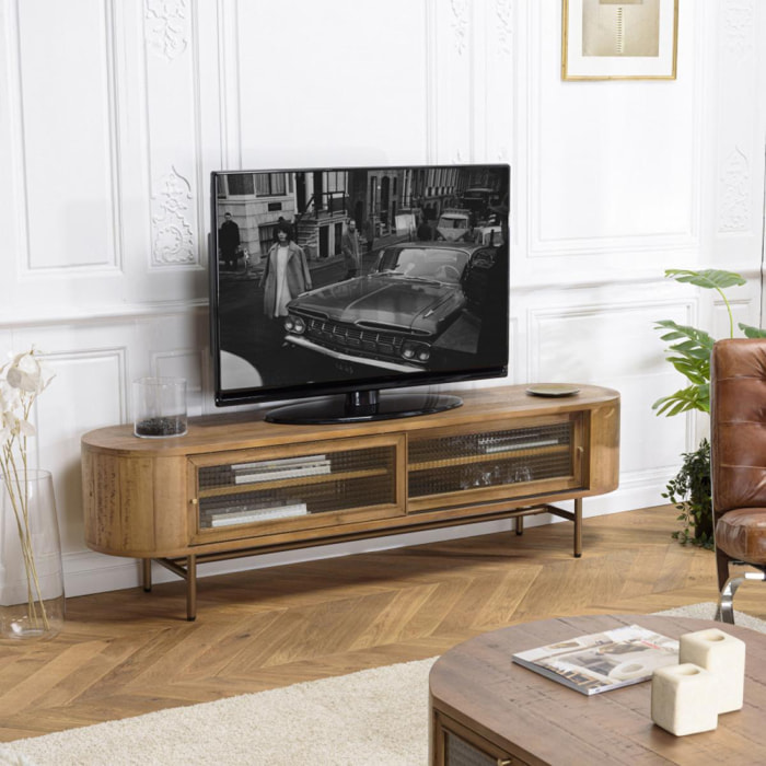 YSEULT - Meuble TV arrondi couleur naturelle bois peuplier 2 portes coulissantes en verre
