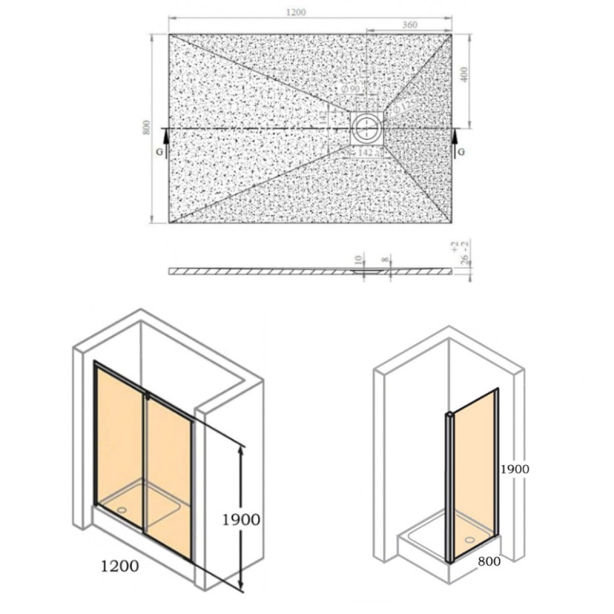 Pack douche : Porte coulissante 120cm + Paroi latérale 80cm + Set de douche avec mitigeur Hansgrohe + Receveur 120x80cm Noir