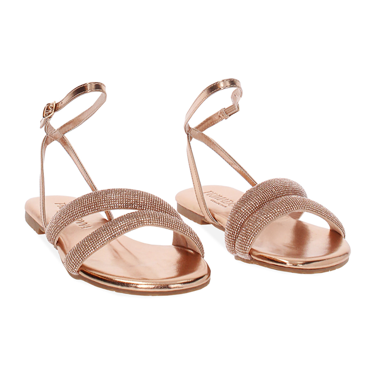 Sandali bassi donna rosa oro in laminato con pietre
