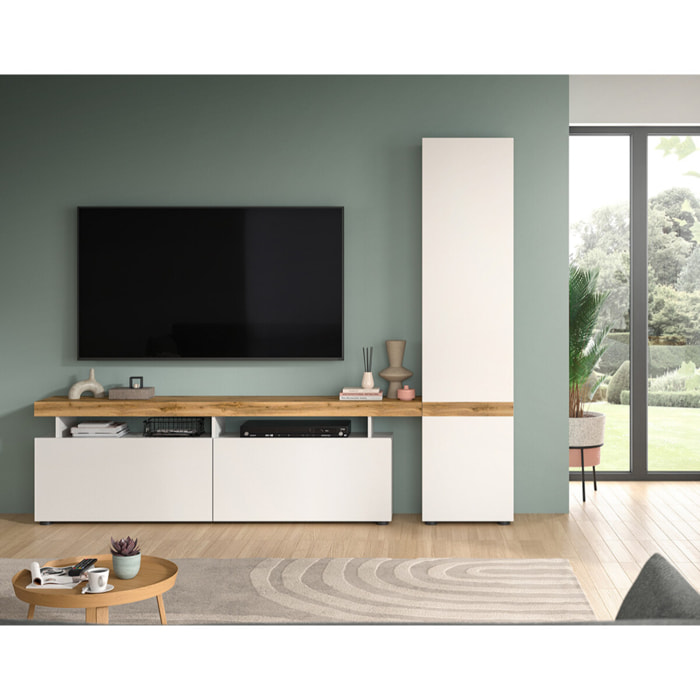 Olivier - meuble tv avec armoire - 3 portes - blanc et bois - 235x190 cm - Bois / Blanc