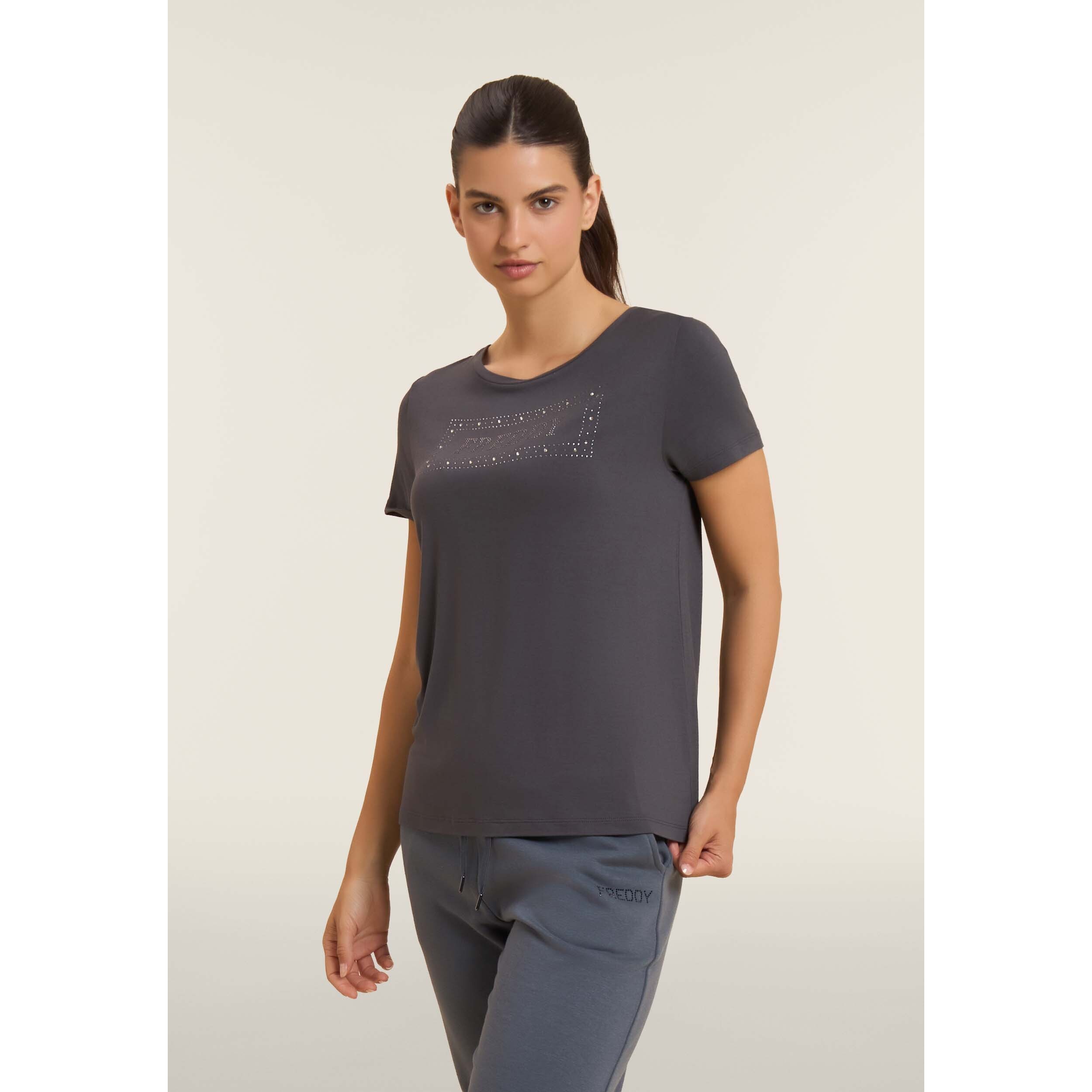 T-shirt donna con logo strass e glitter