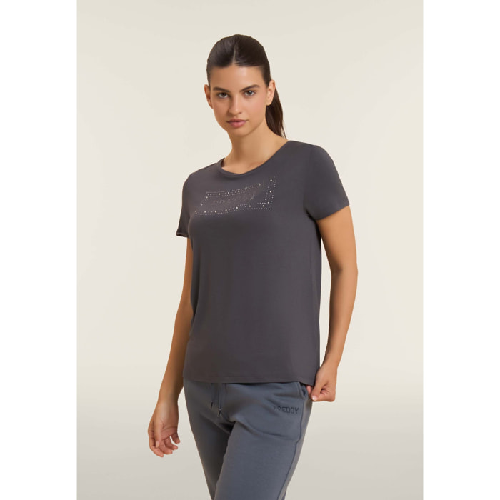 T-shirt donna con logo strass e glitter