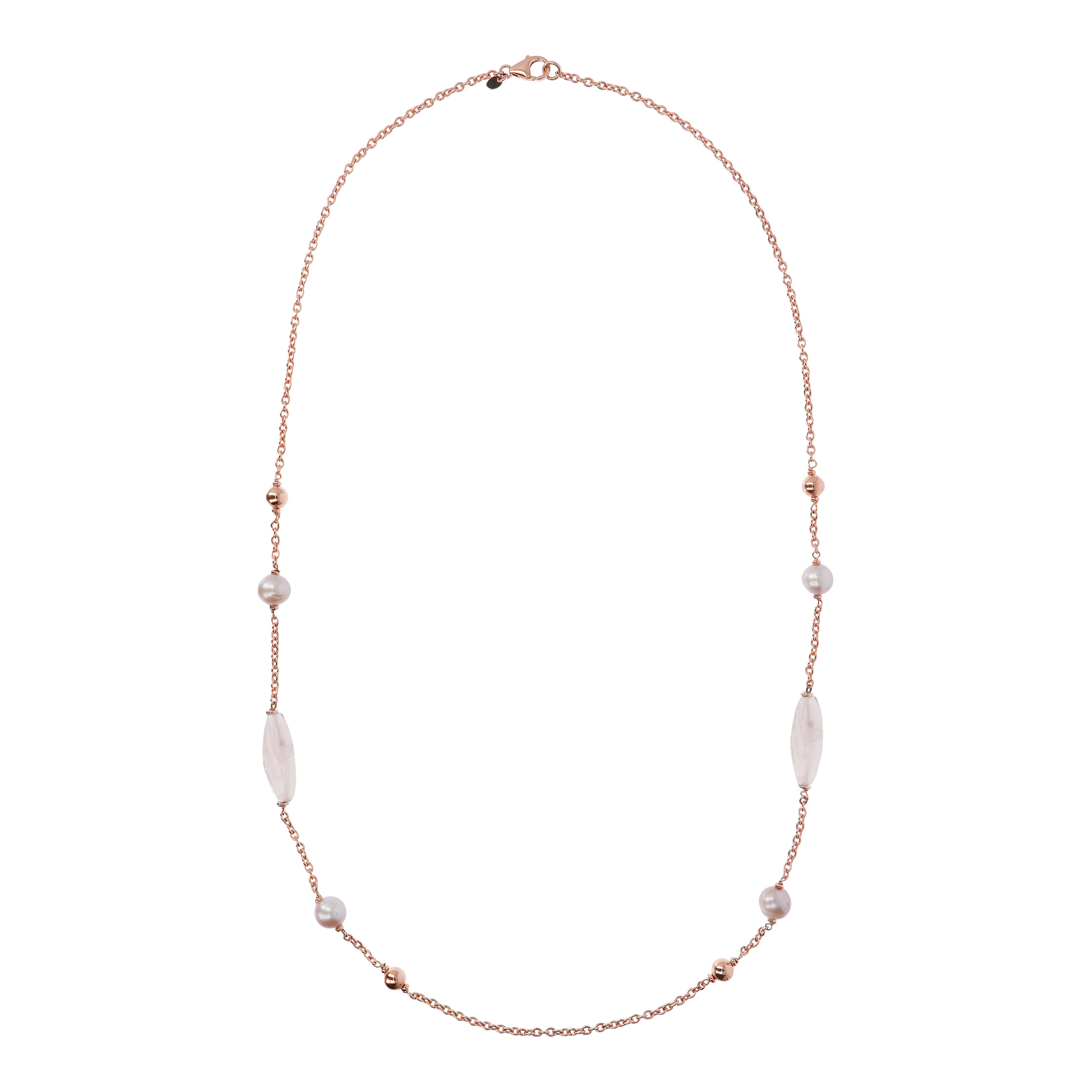 Collana Lunga con Bead Lucide, Quarzo Rosa e Perle Ming d'Acqua Dolce Ø 9/10 mm