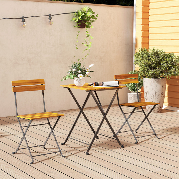 Ensemble bistrot de jardin 3 pièces pliables style exotique acier noir lattes bois acacia verni