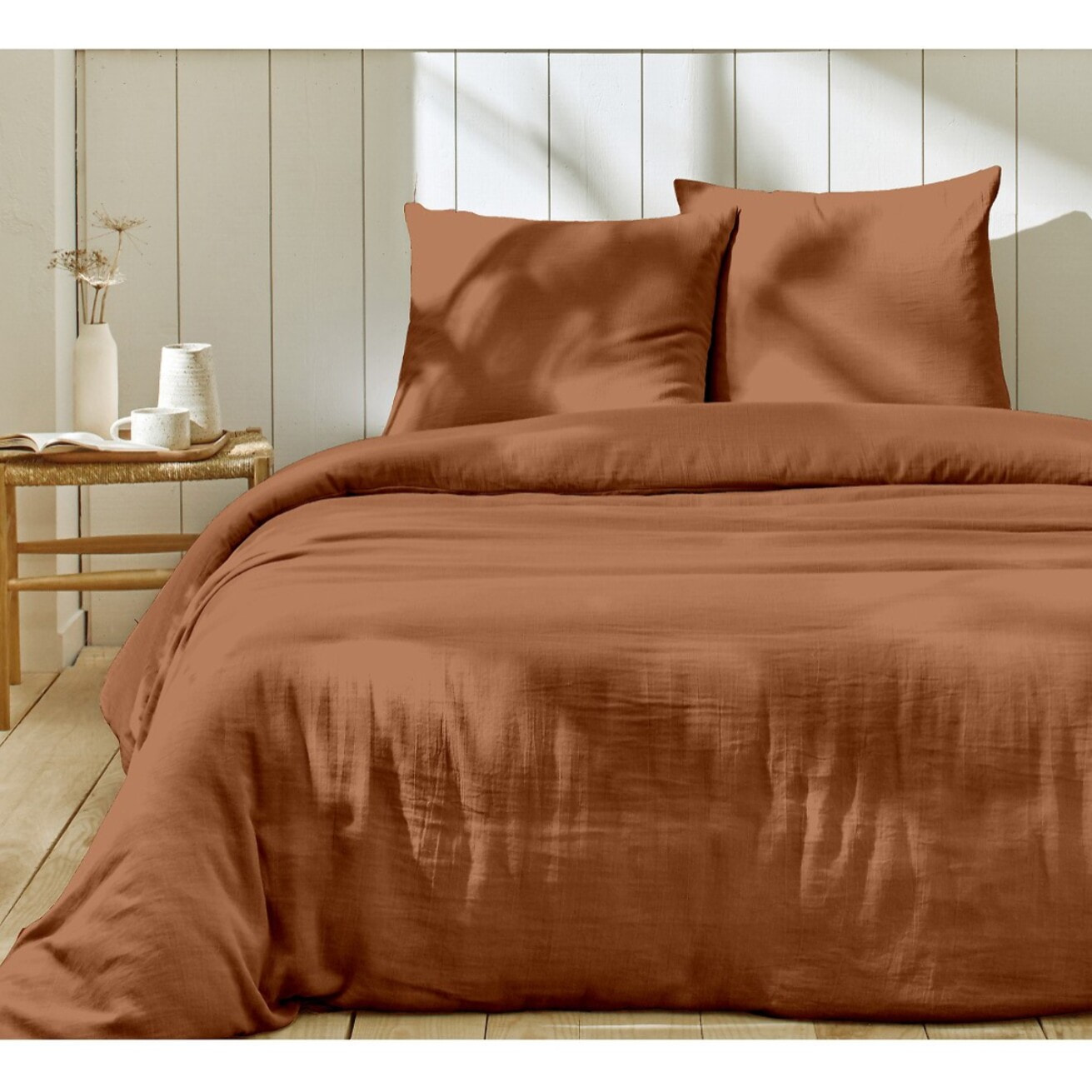 Parure housse de couette 3pcs 100% gaze de coton_terre cuite