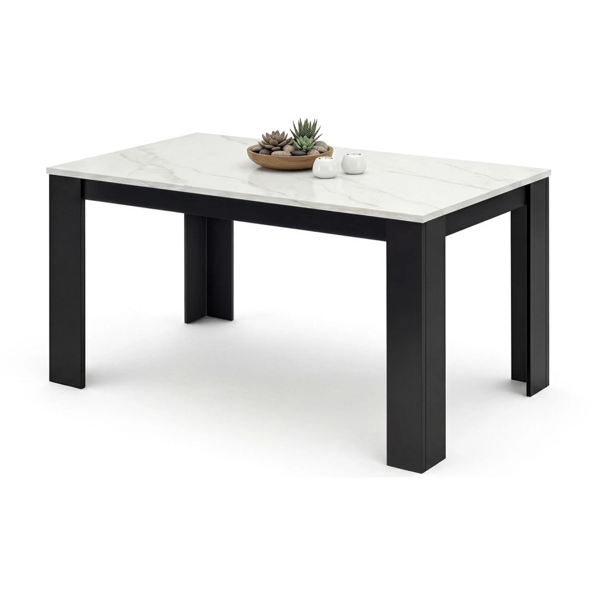 Mesa de comedor fija en negro mate y efecto mármol 140X80 cm Naya Negro Mate - Mármol Blanco Mate