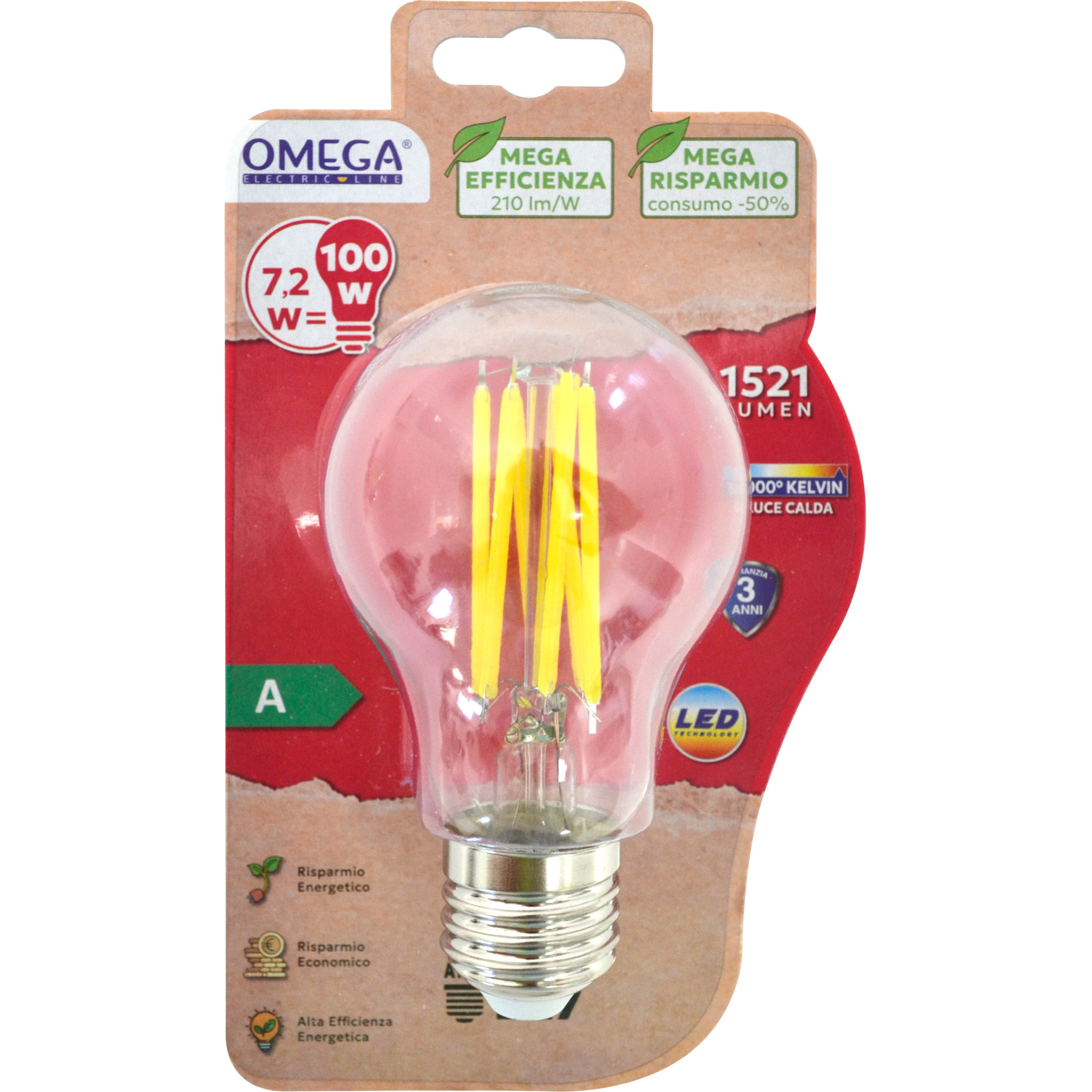 OMEGA Set 3 lampadinefilament goccia a60 3000k