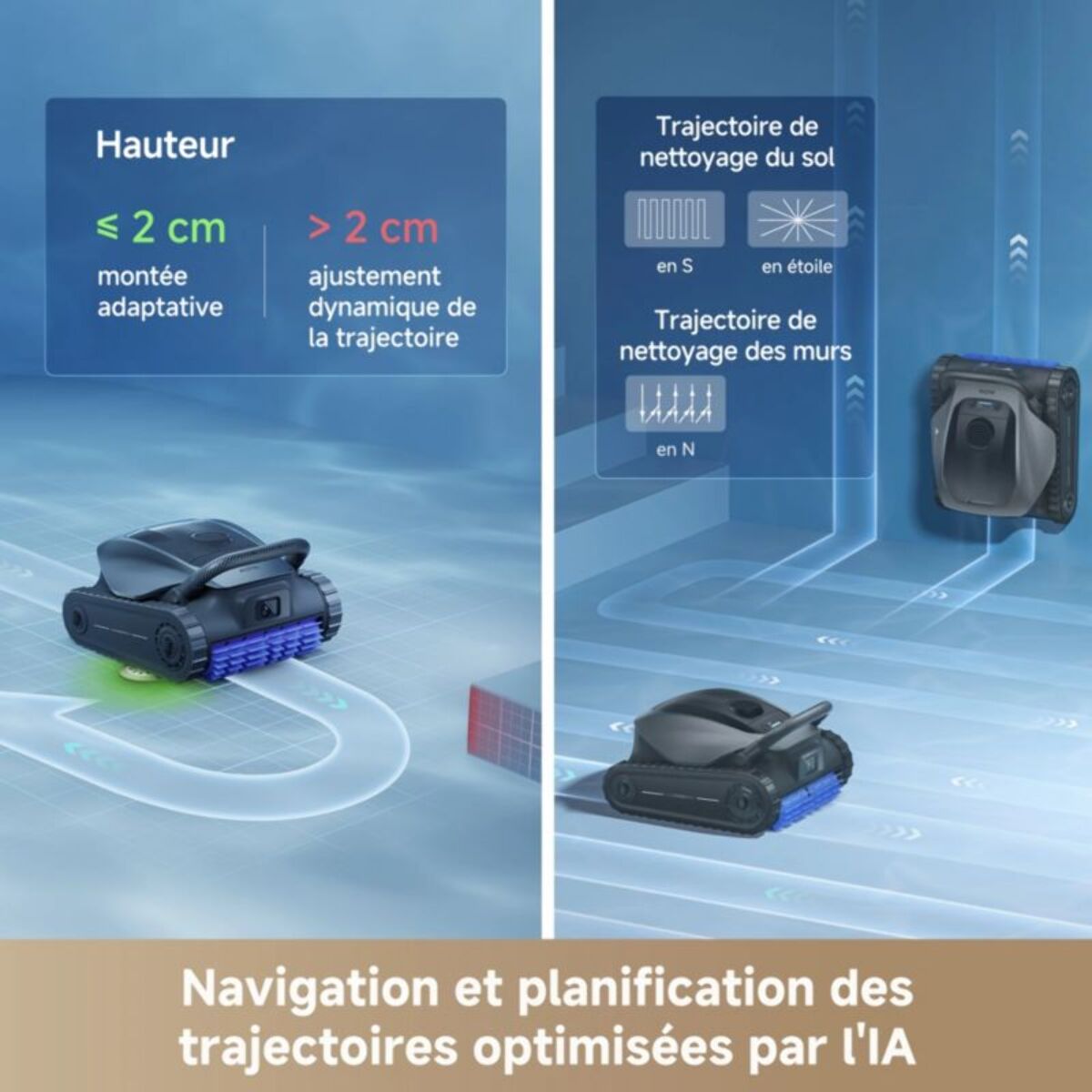 Robot piscine MOVA Diver A10 sans fil - fond, parois, ligne d'eau - Navigation avec assistance IA