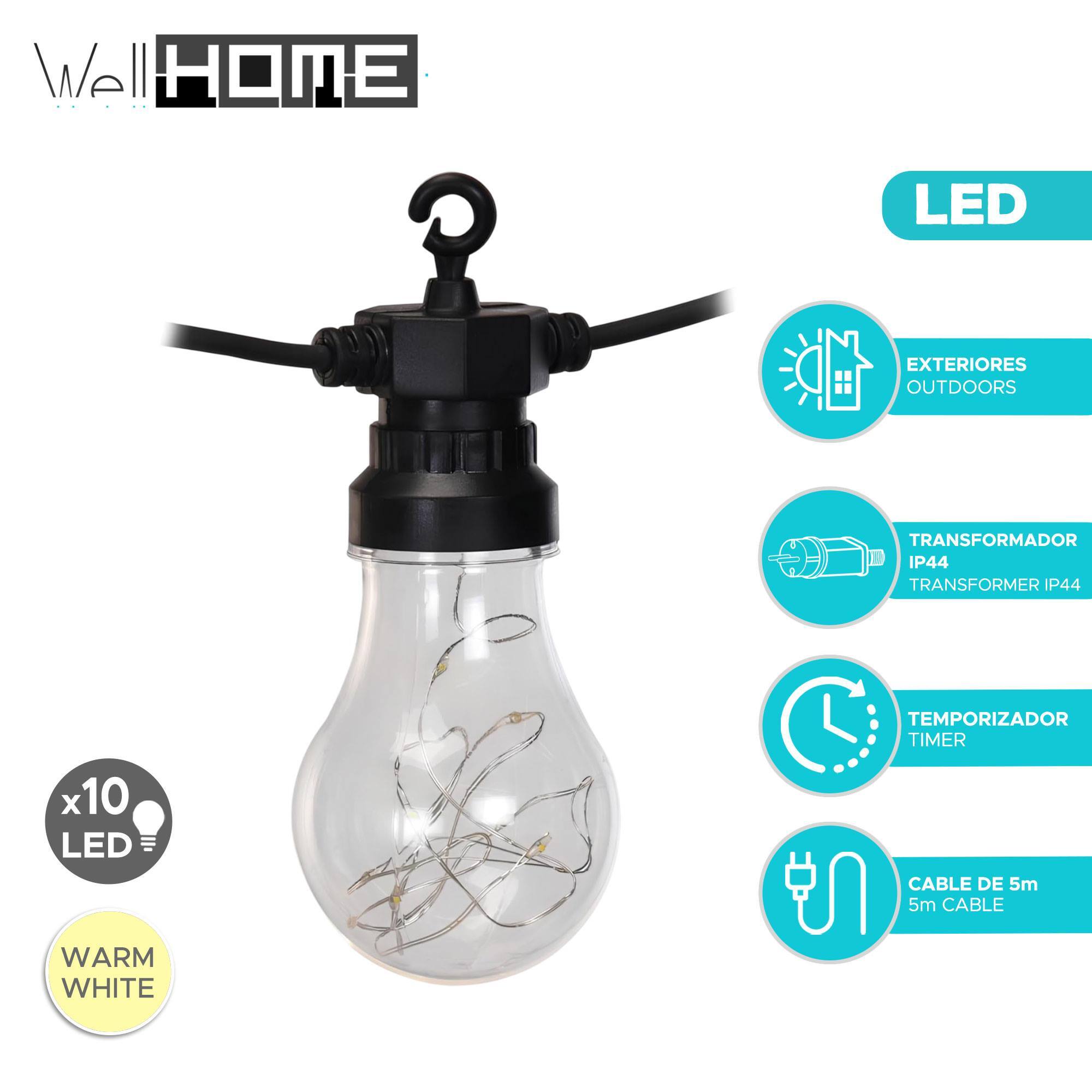 Guirnalda de 10 luces led blanca cálida con temporizador 450cm