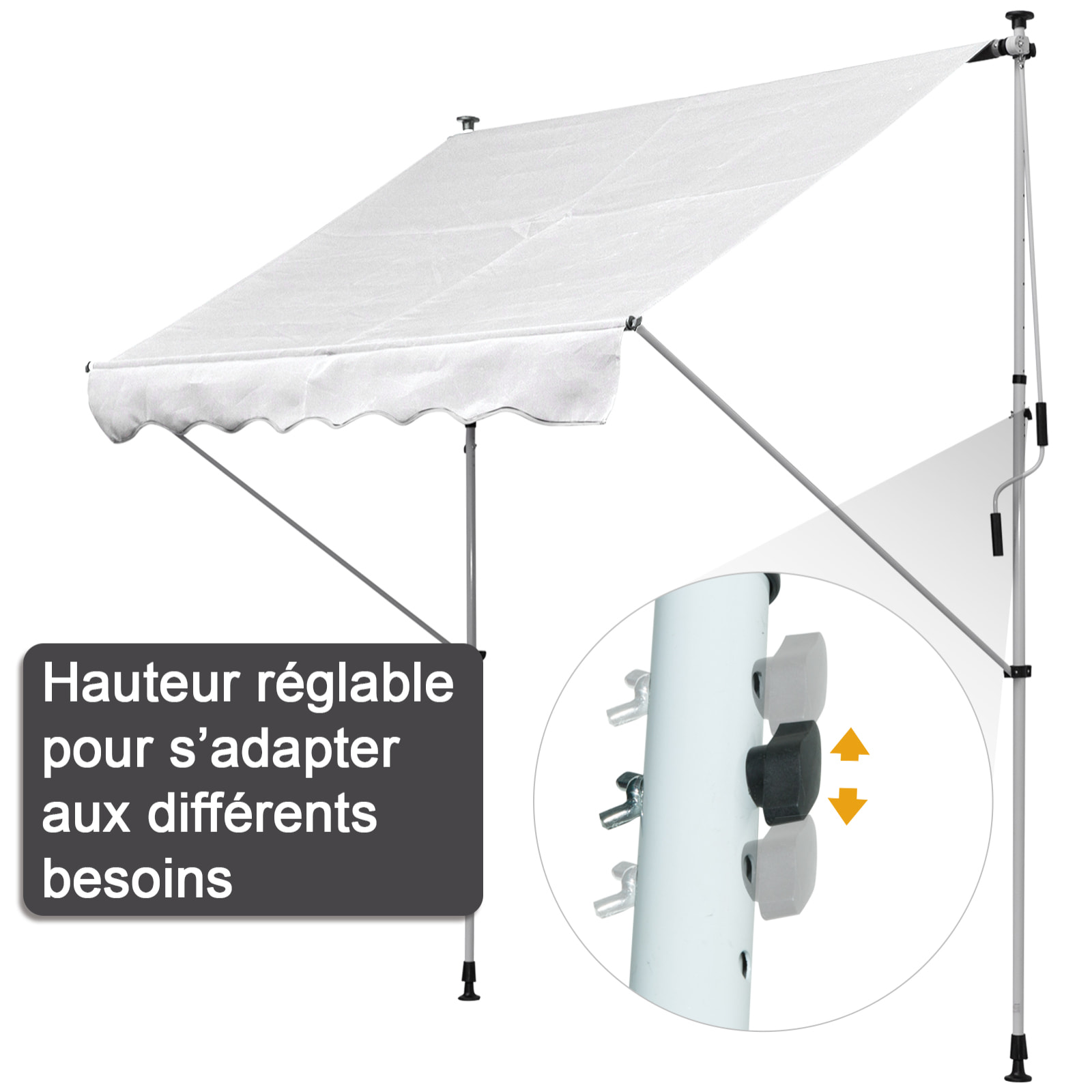 Store banne manuel rétractable 2L x 1,5l x 1,7-2,8H m inclinaison réglable installation rapide métal alu polyester blanc