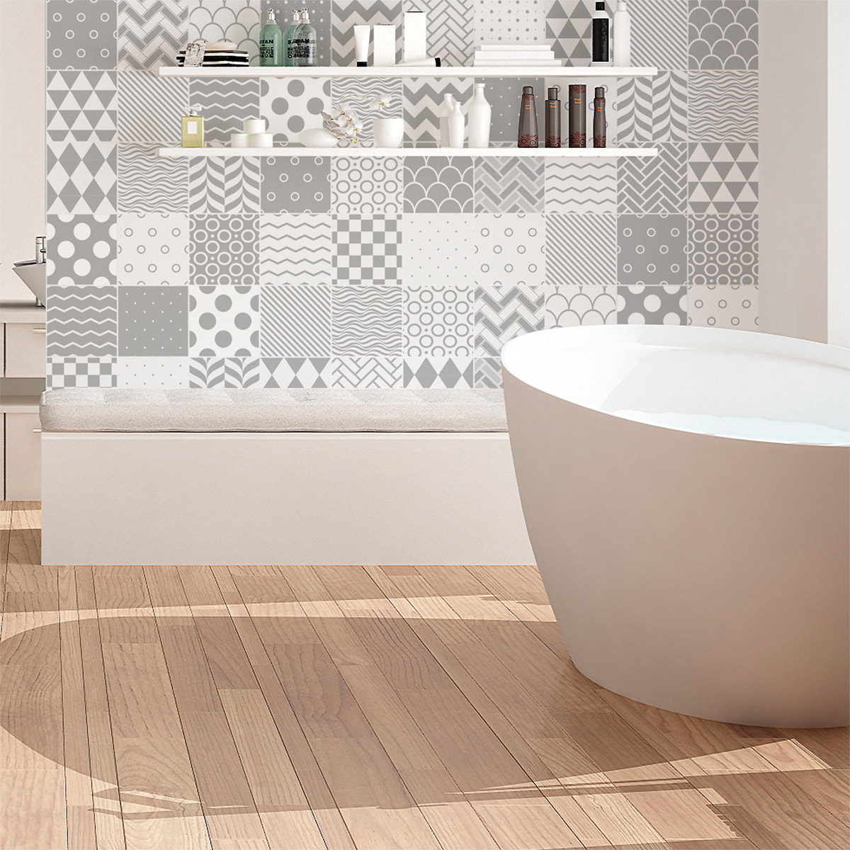 Stickers muraux - Sticker Mural Carrelage adhésif Cuisine Salle de Bain - 60 STICKERS CARREAUX DE CIMENT SCANDINAVE CARDIFF