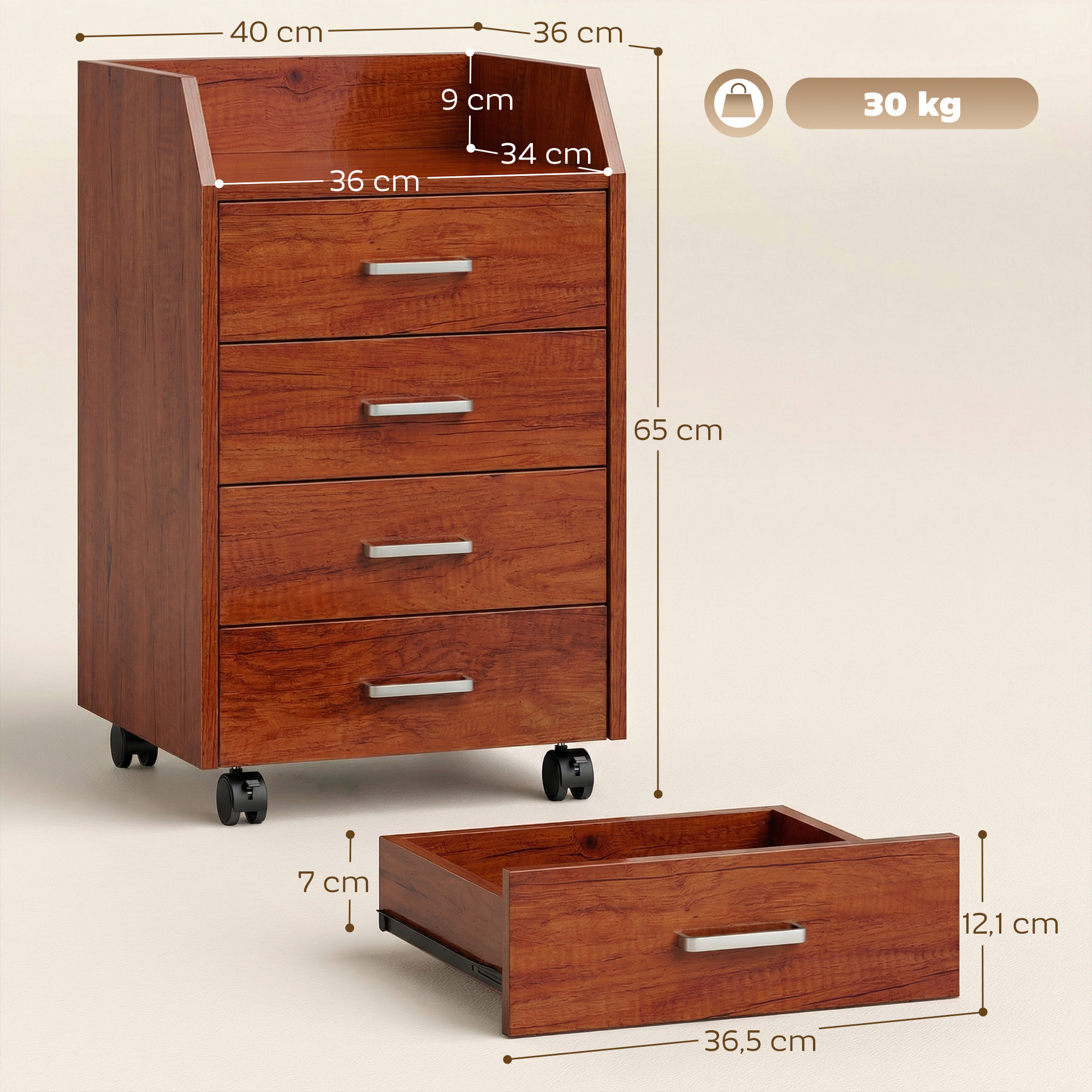 Cajonera de Escritorio con Ruedas, Cajonera de Oficina con 4 Cajones, Archivador Móvil para Estudio, Salón, para Debajo del Escritorio, 40x36x65 cm, Marrón