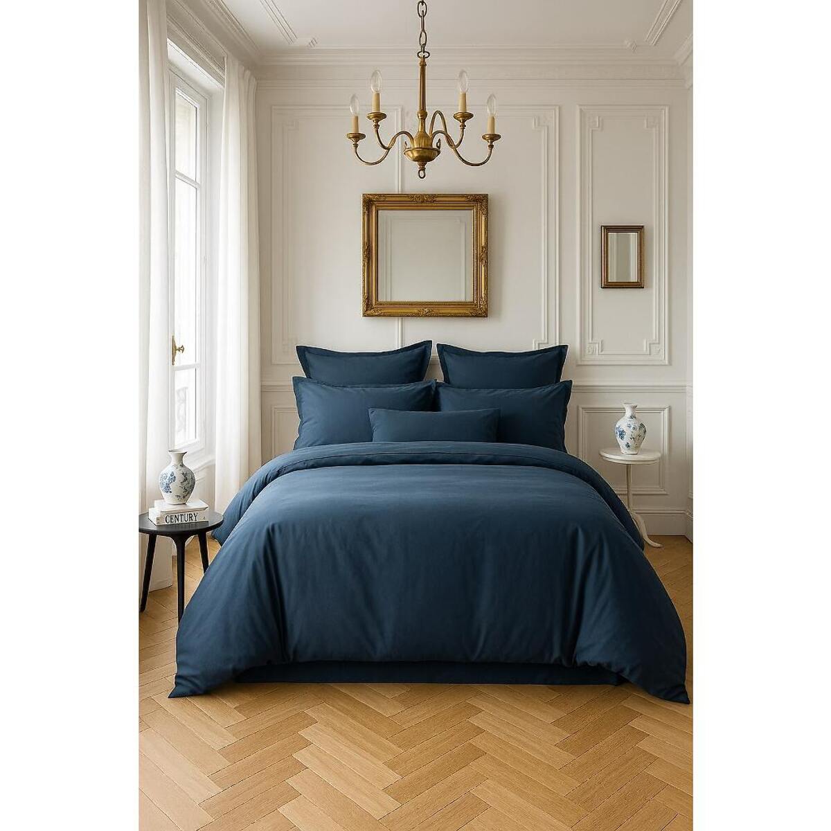 Housse de couette satin de coton bleu marine
