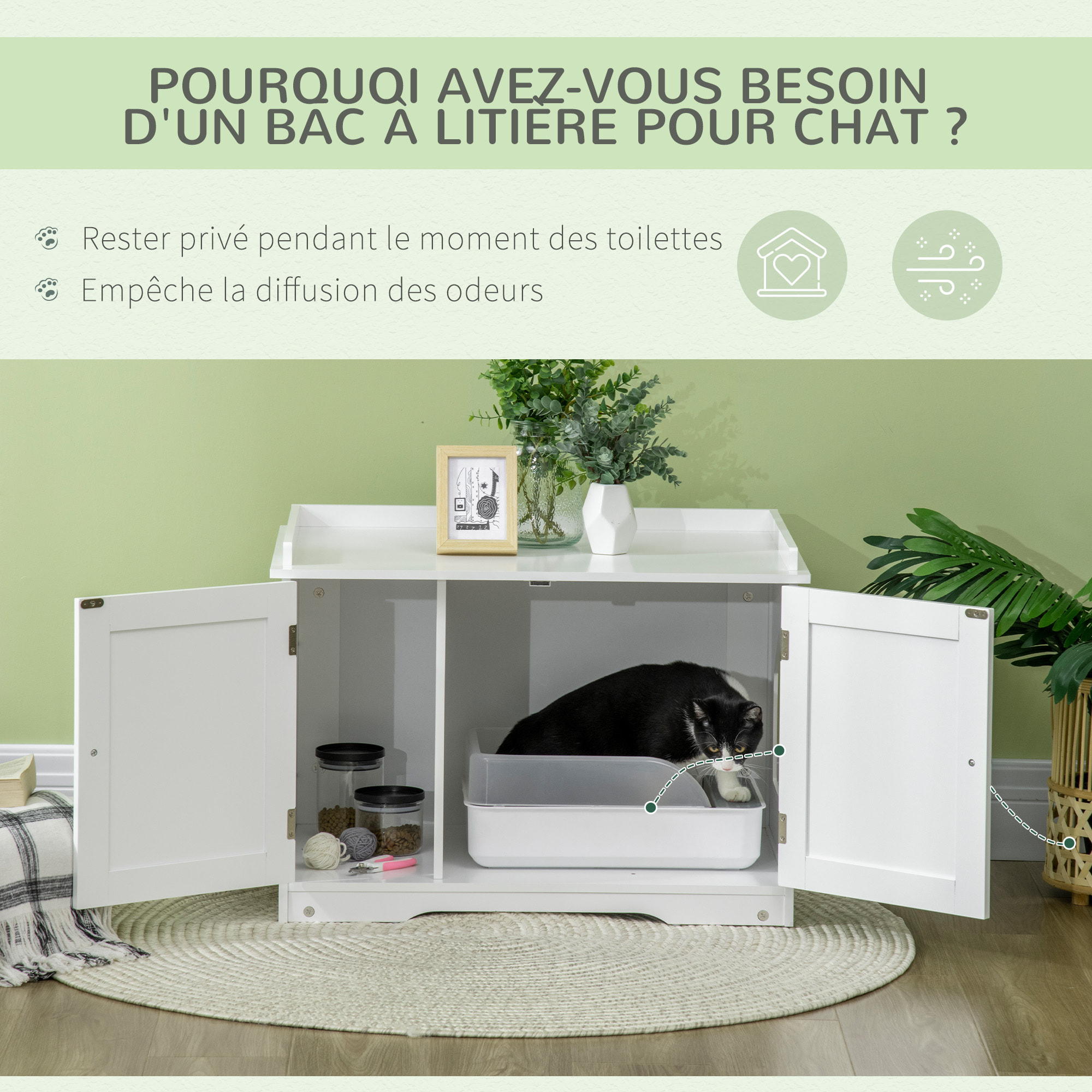 Maison de toilette pour chat table d'appoint 2 en 1 - 2 portes, cloison amovible, rangement latéral - blanc