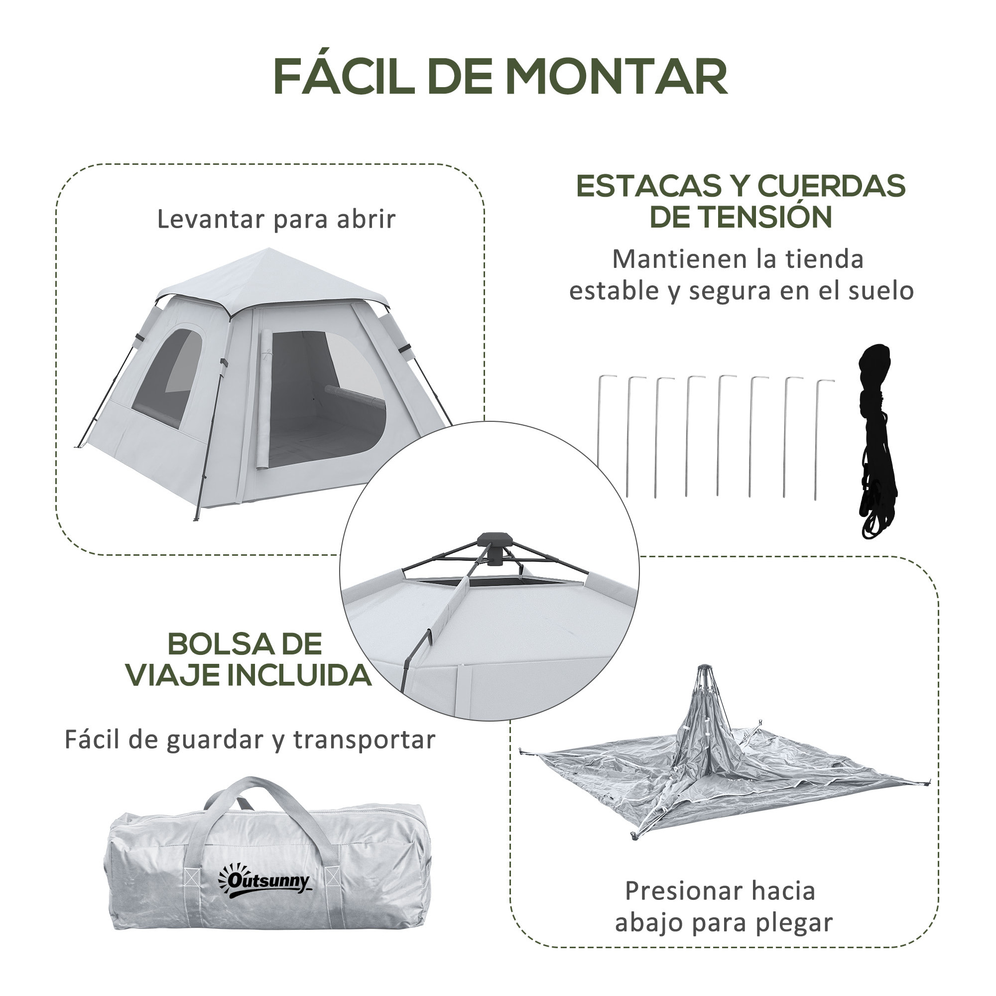 Tienda de Campaña Pop up para 2-3 Personas Tienda Camping Instantánea Impermeable PU2000 mm Protección UV50+ con Bolsa de Trasporte 210x210x150 cm Plata