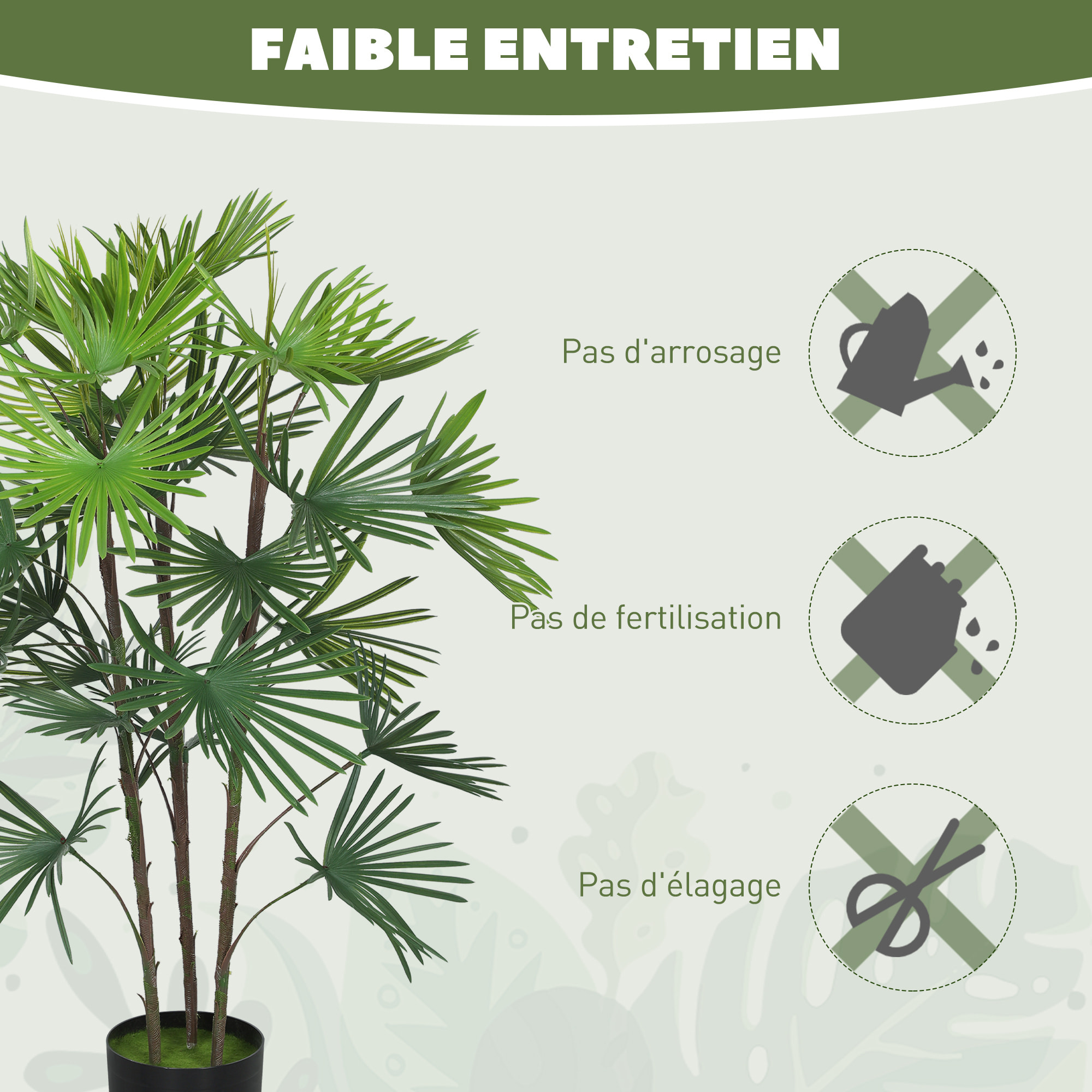 Palmier artificiel - plante artificielle H.90cm - 3 pieds 24 feuilles grand réalisme - pot inclus