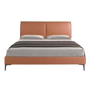 Cama de matrimonio con cabecero y estructura en polipiel marrón y patas de acero inoxidable en epoxi negro 205x212x110cm