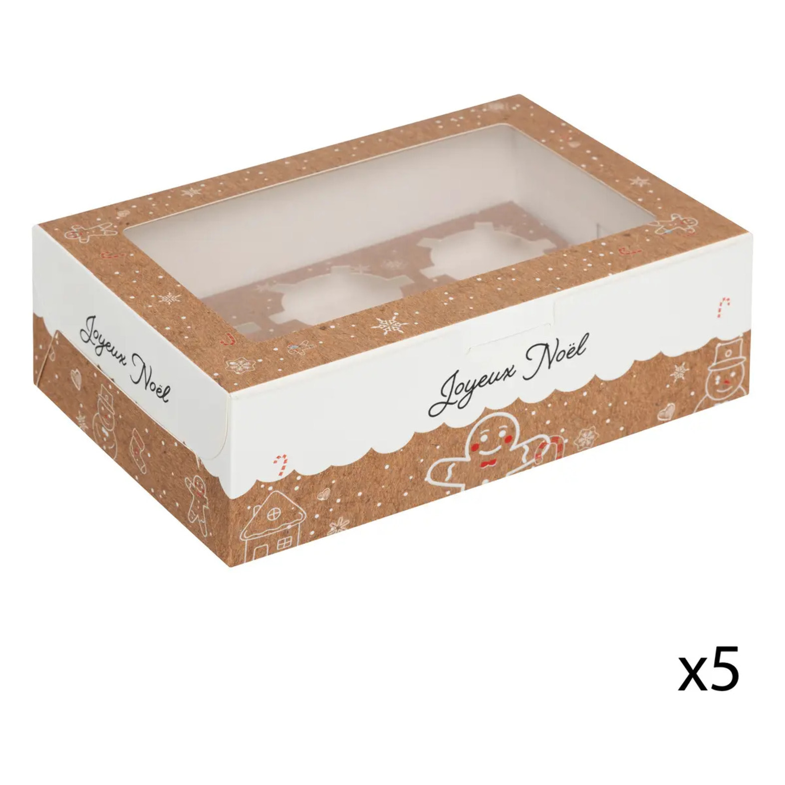 Lot de 5 boîtes à cupcakes 6 emplacements Noël beige