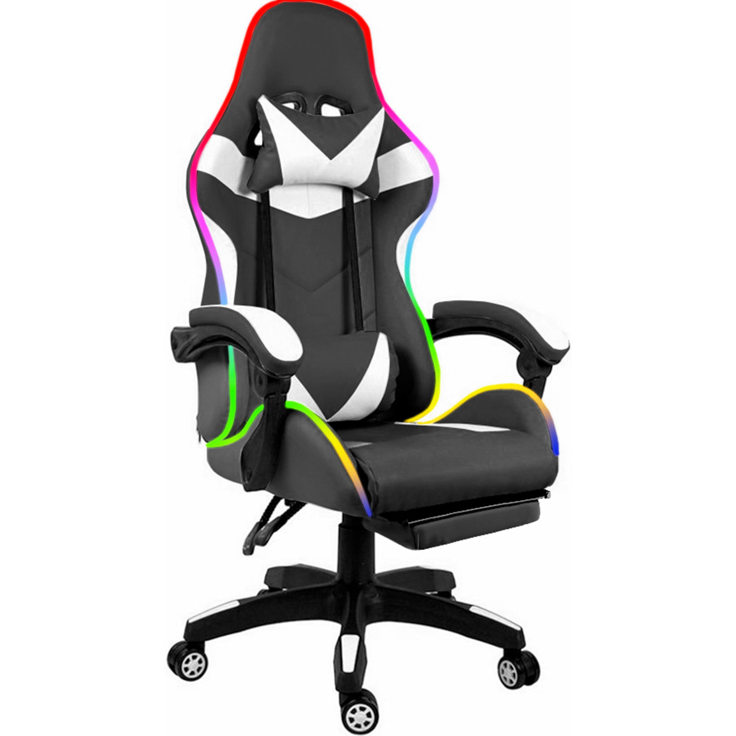 Sedia Gaming Con LED RGB Telecomando Poltrona Ufficio Scrivania Casa PC Racing Girevole Ergonomica Ecopelle Cuscino Lombare Poggiapiedi Nero Bianco