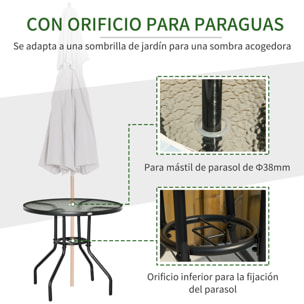 Outsunny Mesa de Jardín Redonda Mesa de Exterior Ø80x72 cm con Agujero para Sombrilla y Encimera de Vidrio Templado para Patio Terraza Negro