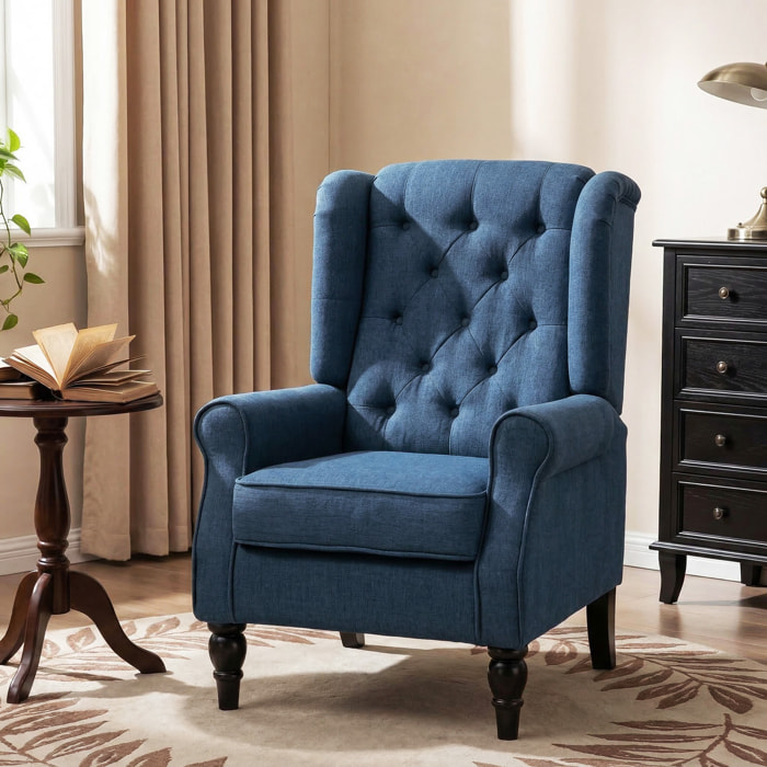 Fauteuil à oreilles style Chesterfield dossier capitonné grand confort bois noir tissu bleu