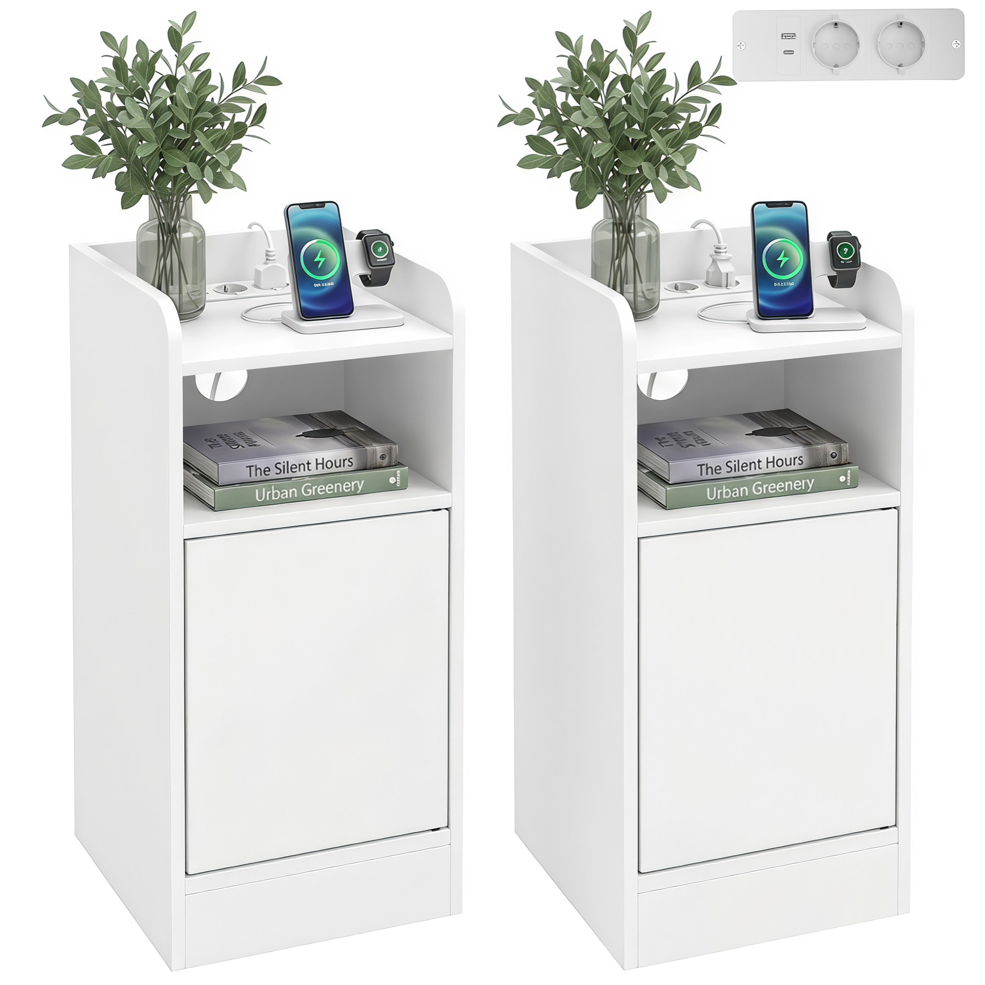 Mesitas de Noche Estrechas, Juego de 2, con Estación de Carga, Mesillas de Noche Dormitorio con Puerta, Compartimento Abierto, Estante Ajustable, Mesa Auxiliar para Espacios Reducidos, Blanco