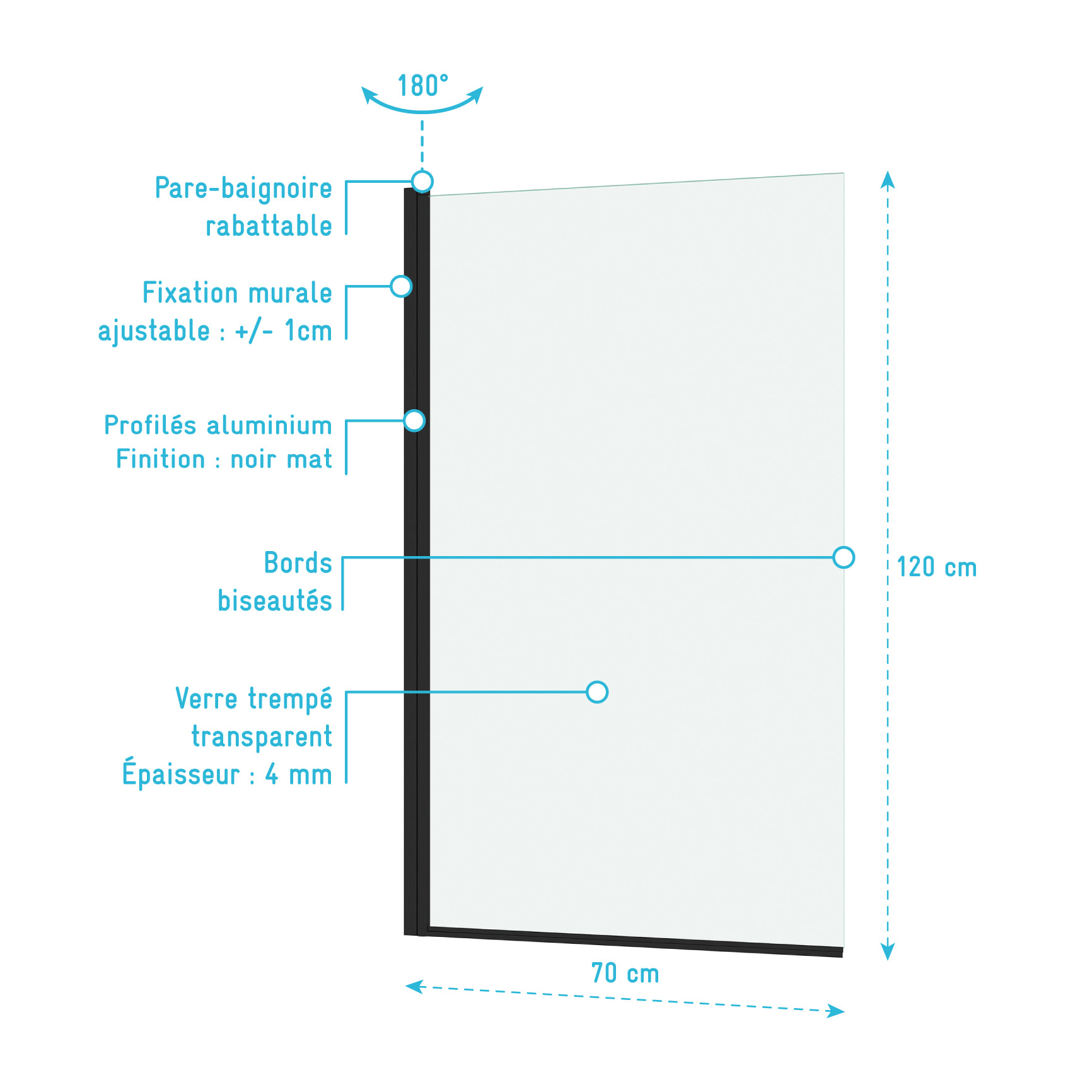 Pare baignoire Rabattable 70x120cm - Profilé Noir Mat - Verre Trempé 4mm - ELEMENTARY