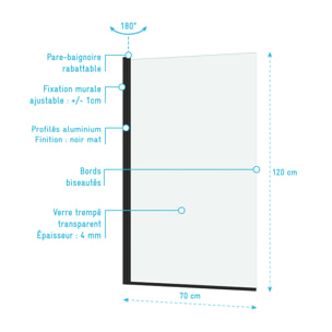 Pare baignoire Rabattable 70x120cm - Profilé Noir Mat - Verre Trempé 4mm - ELEMENTARY