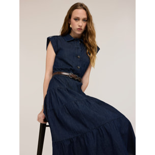 Motivi - Vestido camisero de denim con falda de volantes - Azul
