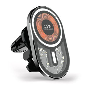 Caricatore wireless per auto Magsafe, con clip per presa d'aria, 15W. Con luce ambientale a LED.