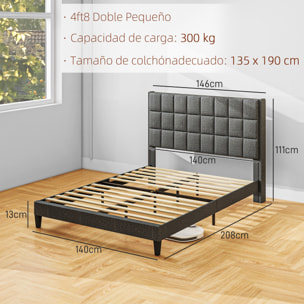 Cama 135x190 cm Estructura de Cama Somier con Cabecera Tapizada de Lino y Espacio de Almacenamiento Debajo de la Cama Carga 300 kg Gris