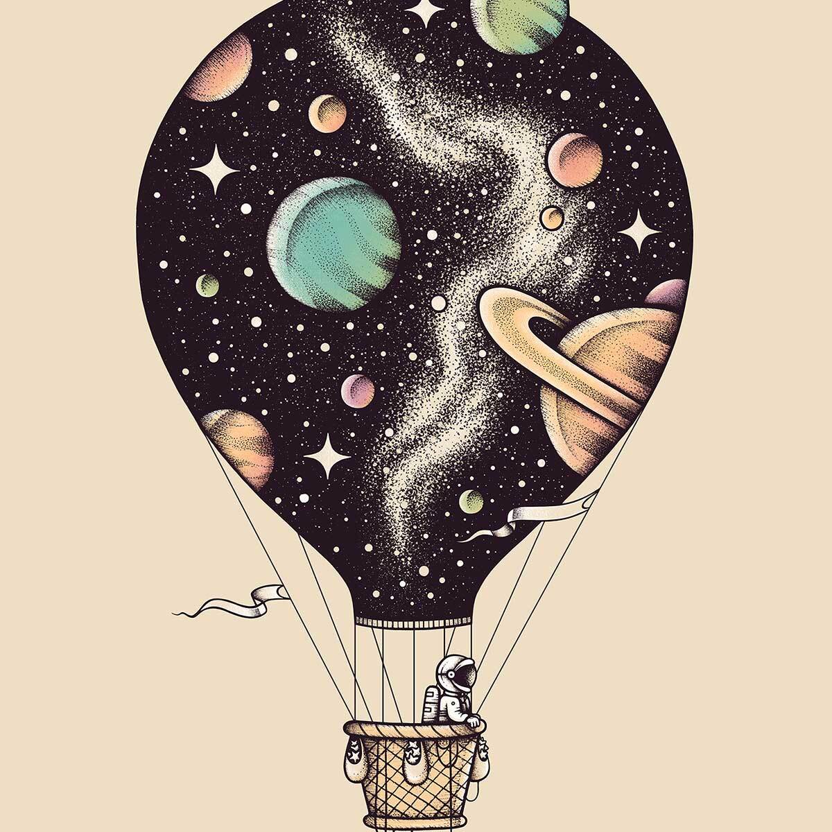 Affiche enfant montgolfiere en cosmos  Affiche + cadre en bois - Chêne