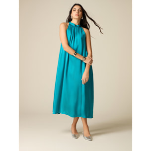 Oltre - Vestido largo línea A en raso - Petrol Blue