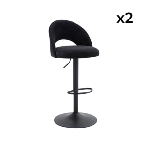 Lot de deux tabourets de bar ajustables métal et tissu noir. pied noir - L 49 x P 49 x H 88.5-110cm - Abby