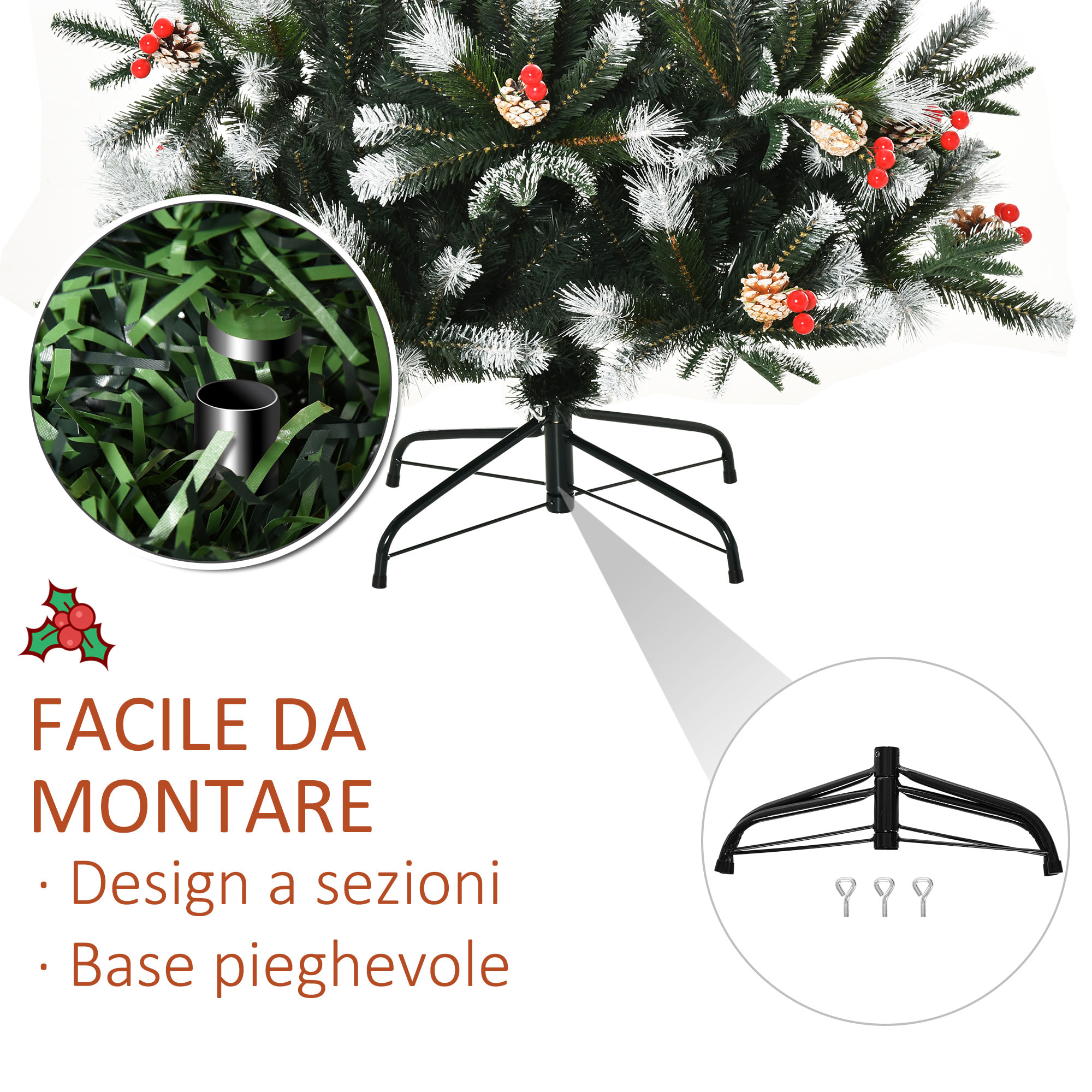 HOMCOM Albero di Natale Innevato con Bacche Rosse e Pigne Bianche, Base Rimovibile Pieghevole 180cm - Verde