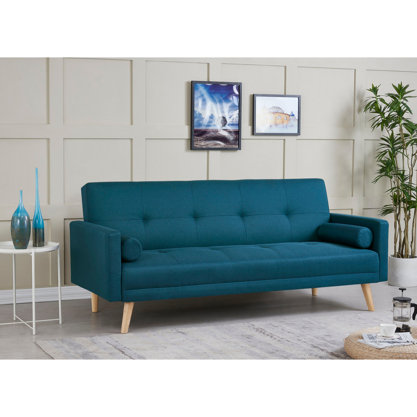 Canapé scandinave convertible 3 places en tissu bleu canard VANSO