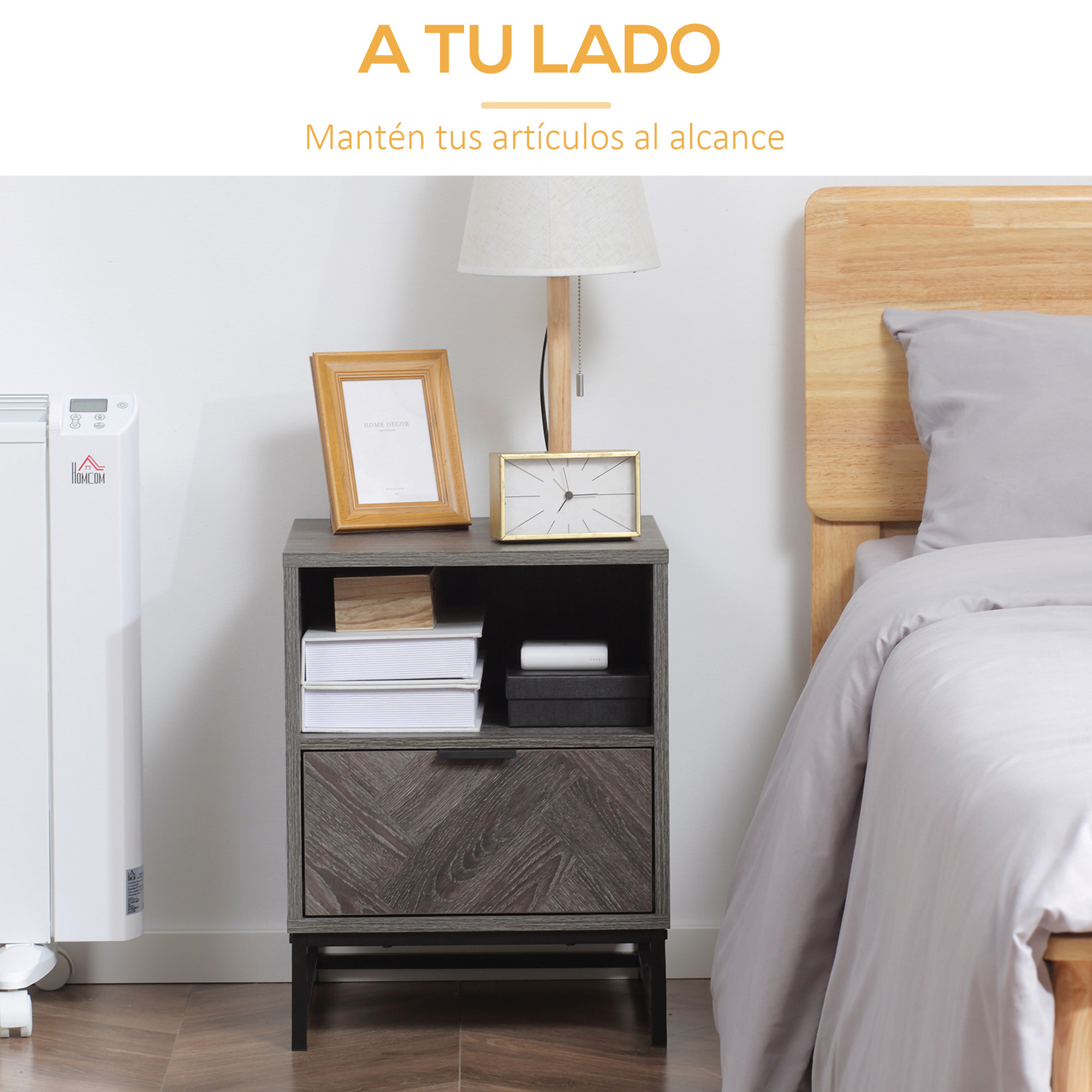 HOMCOM Mesita de Noche con 1 Cajón Estante Abierto y Patas de Acero Mesilla de Noche para Dormitorio Salón Cama Oficina Estilo Moderno 40x40x52 cm Gris Oscuro