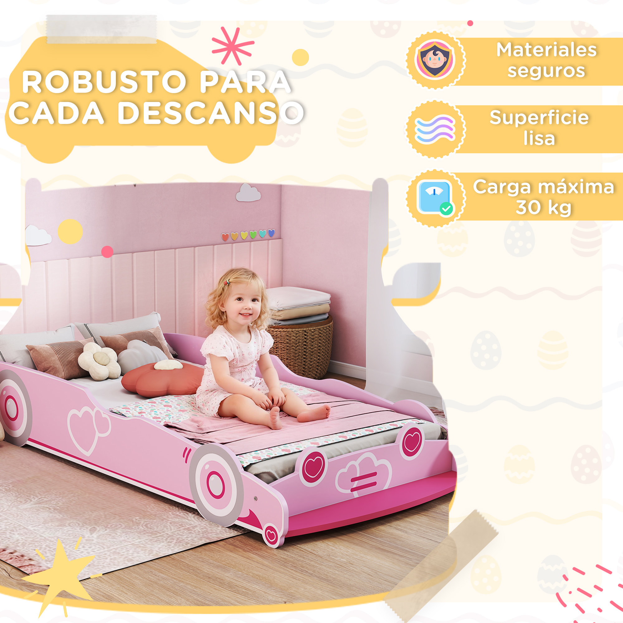 Cama Infantil 70x140 cm, Forma de Coche, Cama para Niños con Barrera Anticaídas y Somier, para Niños y Niñas de 3-5 Años, Rosa