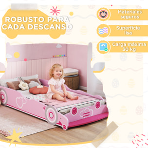 Cama Infantil 70x140 cm, Forma de Coche, Cama para Niños con Barrera Anticaídas y Somier, para Niños y Niñas de 3-5 Años, Rosa