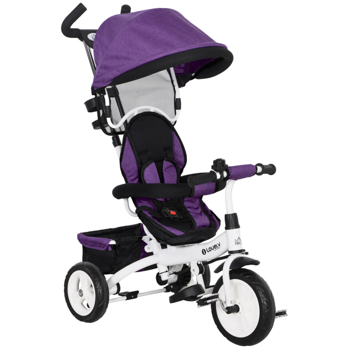 Triciclo Evolutivo para Bebés 6 en 1 Triciclo para Niños de 1-5 Años Bicicleta para Niños con Toldo Plegable Mango Telescópico Desmontable Cinturón de Seguridad y Cesto 95x50x106 cm Violeta
