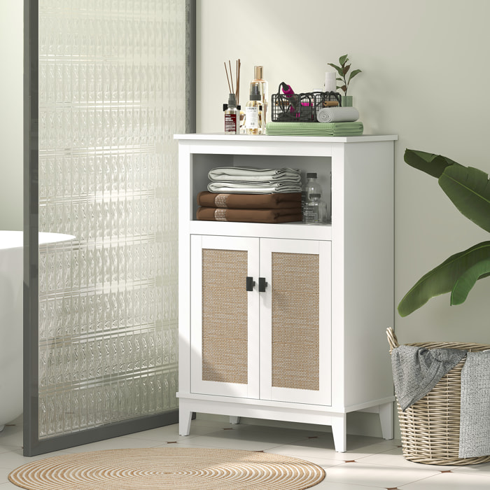 Mueble Auxiliar de Baño con 2 Puertas con Frontal de Ratán Armario de Baño con Estante Ajustable y Compartimento Abierto 60x30x90 cm Blanco