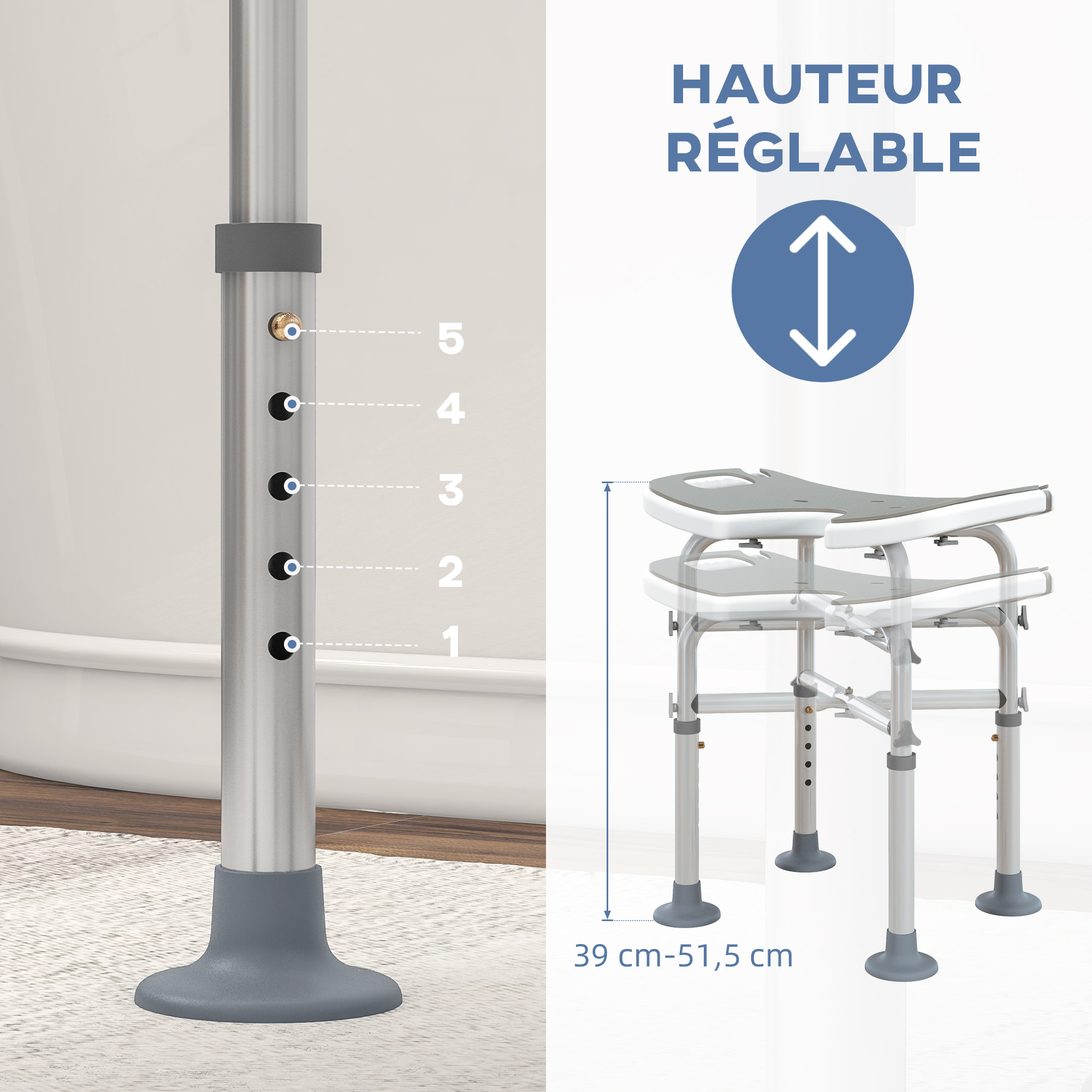Tabouret de douche - siège de douche avec barre d'appui ventouse - hauteur réglable - alu HDPE gris blanc
