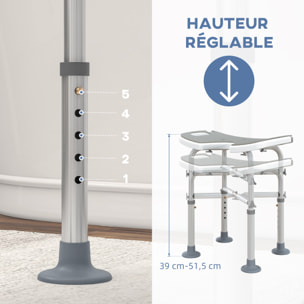 Tabouret de douche - siège de douche avec barre d'appui ventouse - hauteur réglable - alu HDPE gris blanc