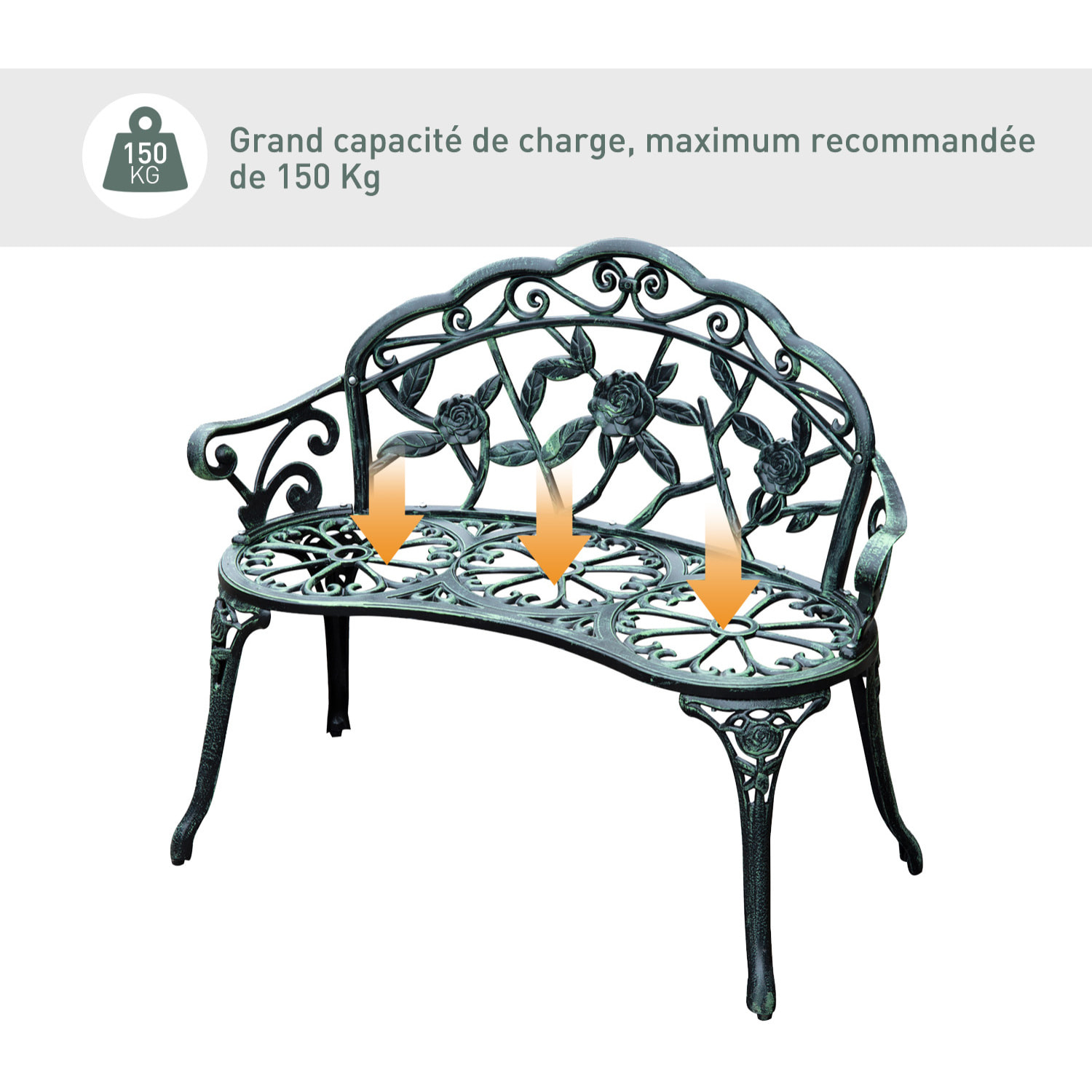 Banc de jardin 2 places style néo-rétro motif rose lignes fuselées 100L x 54l x 78H cm fonte d'aluminium vert vieilli