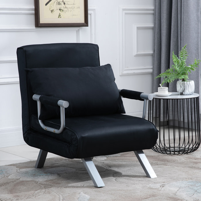 Fauteuil chauffeuse canapé-lit convertible 1 place déhoussable grand confort coussin pieds accoudoirs métal suède noir